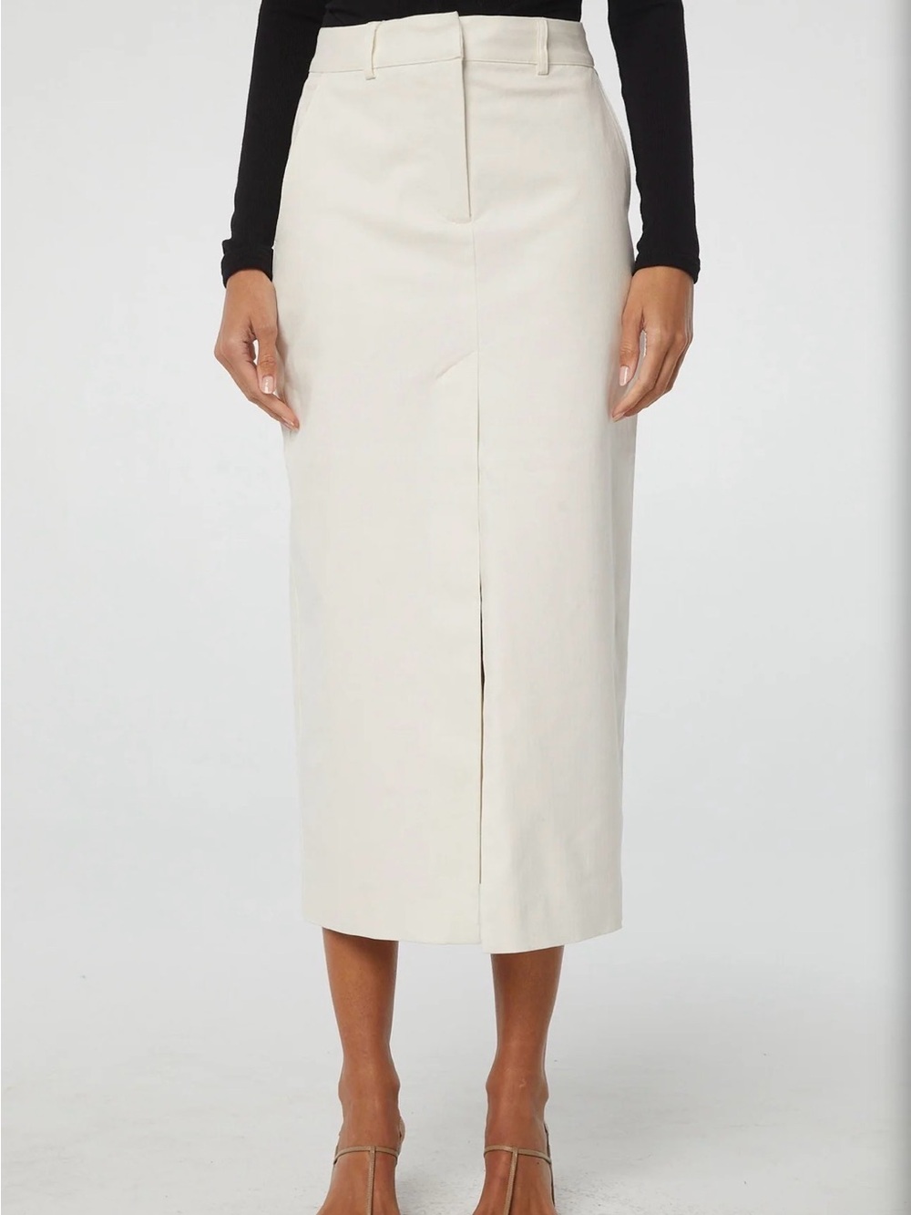 Cream Midi Pencil Skirt with Front Slit